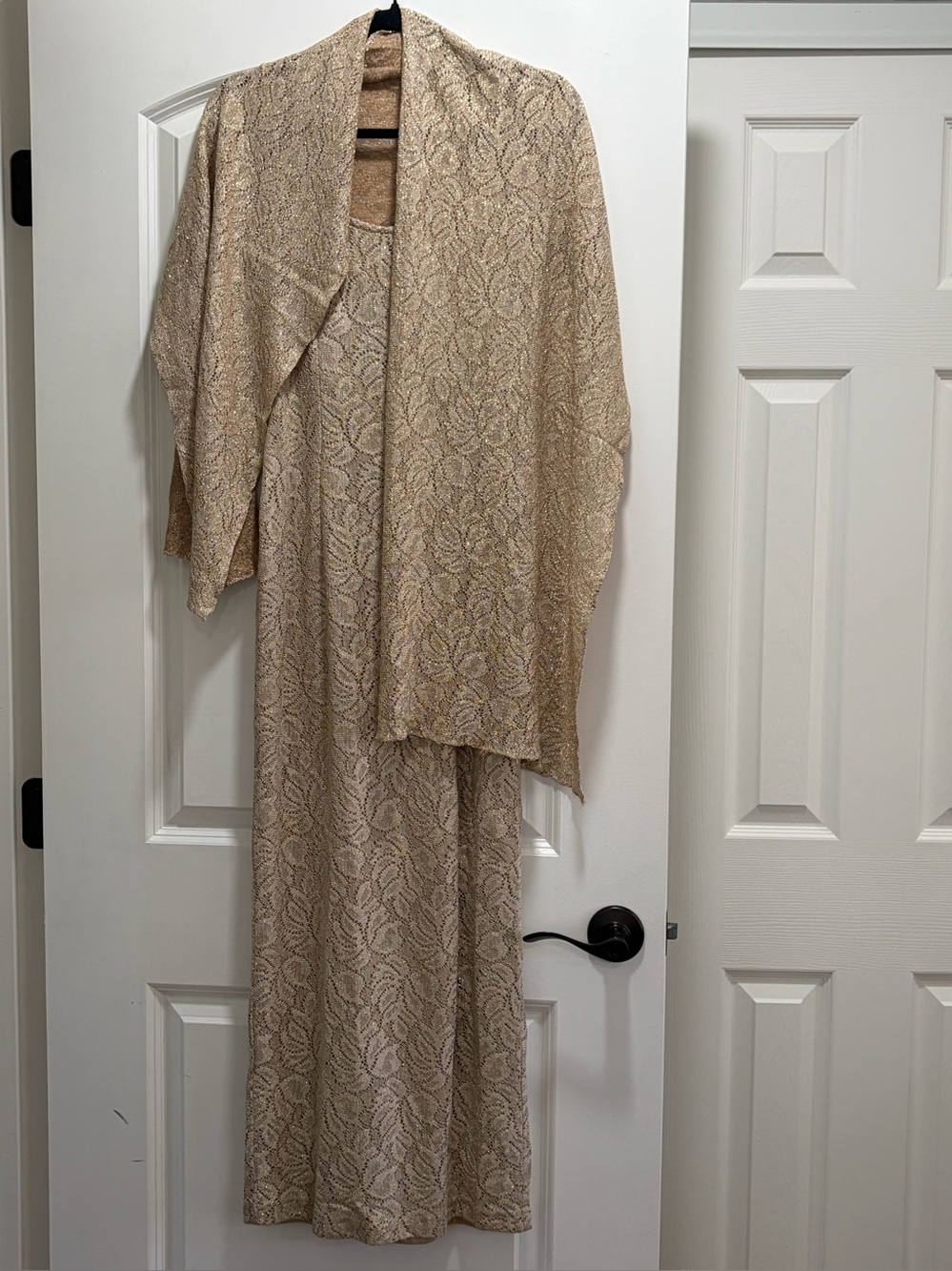 Vintage Caché Metallic Gold Lace Maxi Dress & Shawl Set - Size 3/4